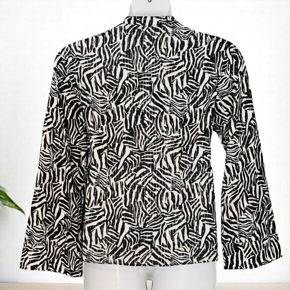 Michael Kors Black Zebra Print Button Up Blouse Large Tunic Top Tie Front V Neck - Picture 9 of 10